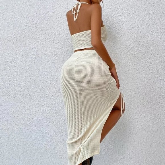 TEXTURED HALTER TIE NECK CROP TOP AND RUNCHED TIE MIDI SLIT SKIRT SET SUMMER - Picture 5 of 7